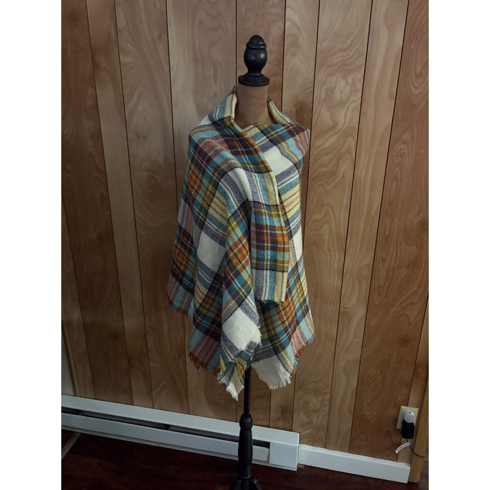 Steve Madden Womens Plaid Blanket Scarf Multi Color Blue Yellow Fringe Wrap O/S